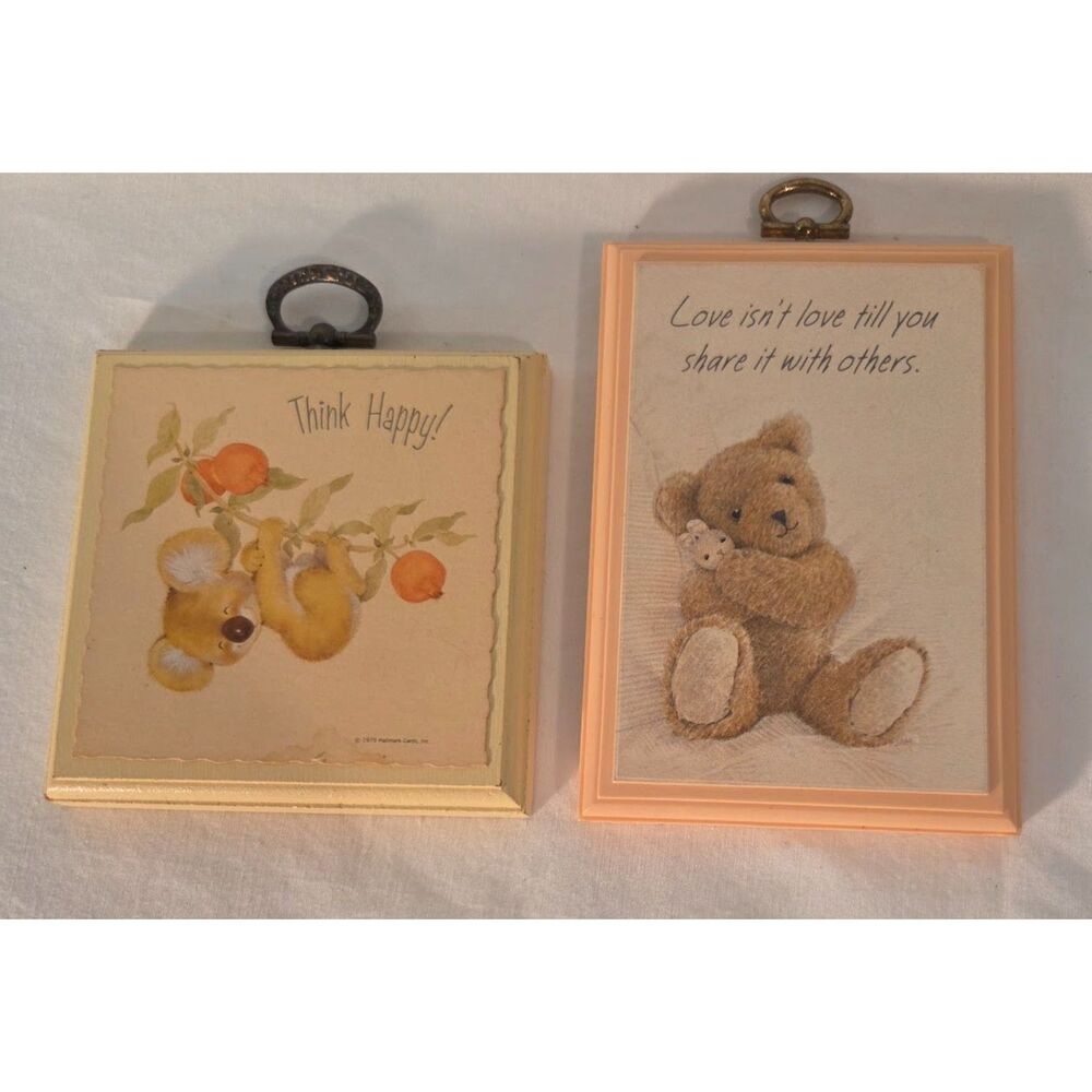Vintage Hallmark Teddy Bear Wall Plaque Lot Think Happy Love Quote